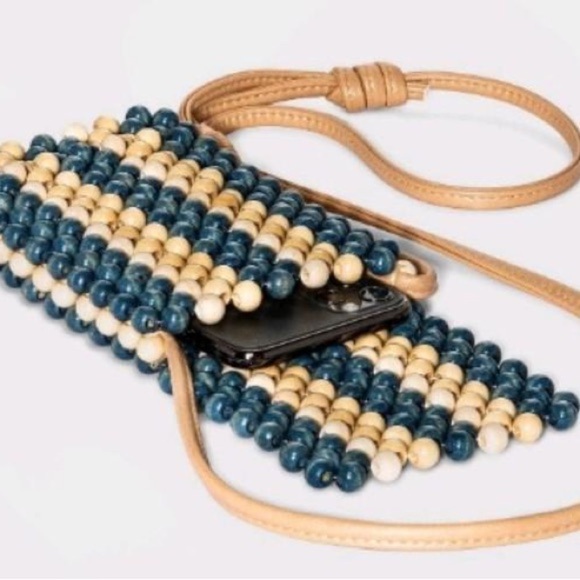 Universal Thread™ Striped Straw Beads Phone Crossbody Bag Blue - Picture 3 of 8